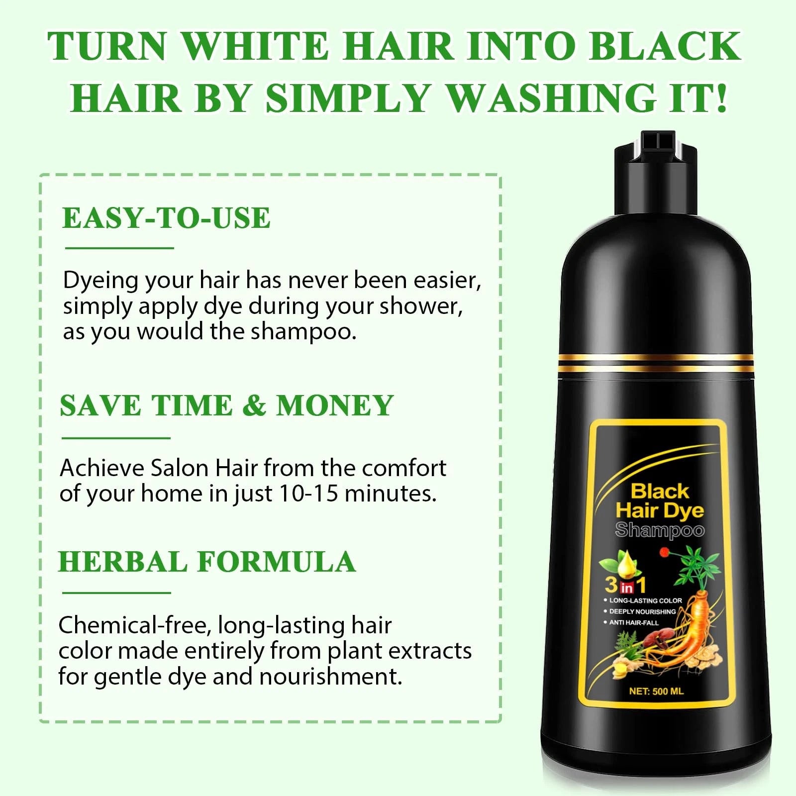3-in-1 Herbal Black Hair Dye Shampoo - Instant Natural Black in 5 Minutes