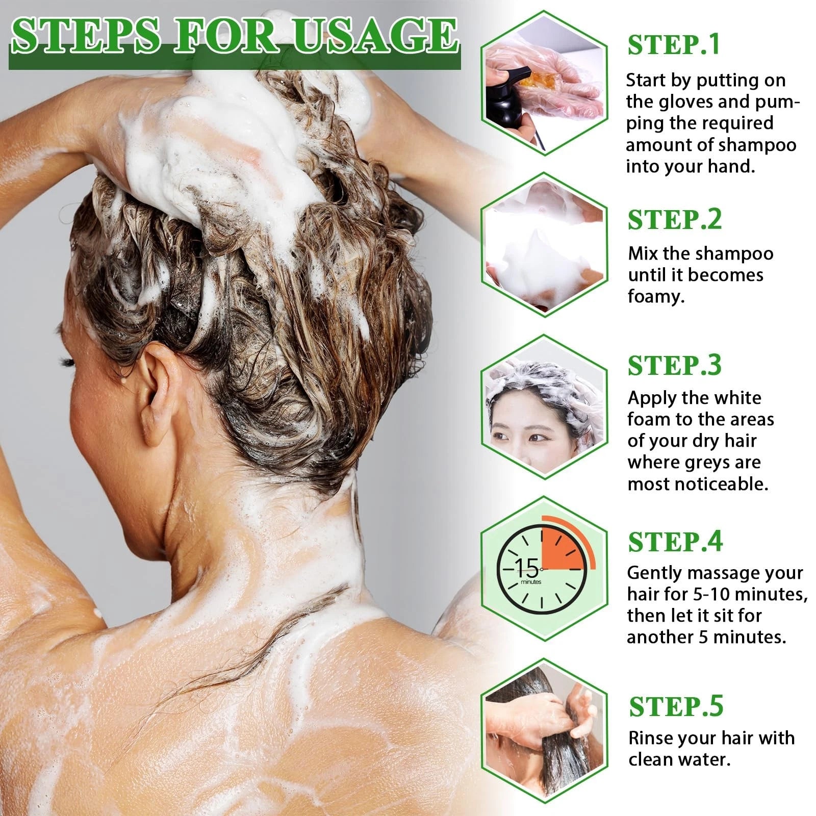 3-in-1 Herbal Black Hair Dye Shampoo - Instant Natural Black in 5 Minutes