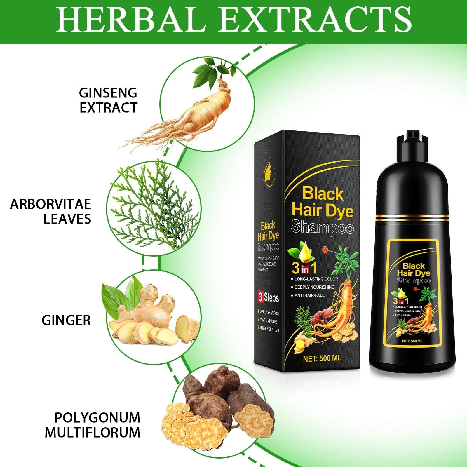 3-in-1 Herbal Black Hair Dye Shampoo - Instant Natural Black in 5 Minutes
