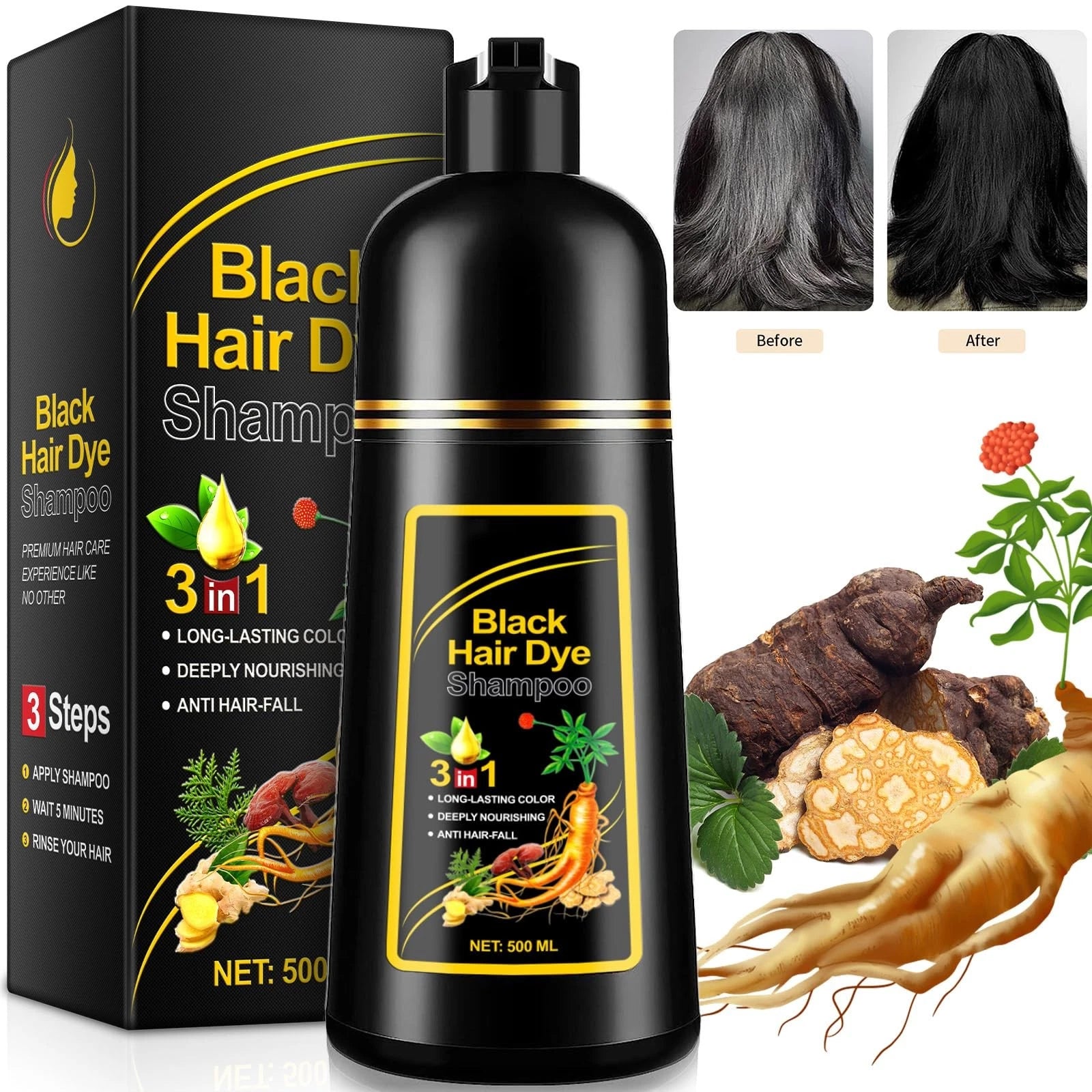 3-in-1 Herbal Black Hair Dye Shampoo - Instant Natural Black in 5 Minutes