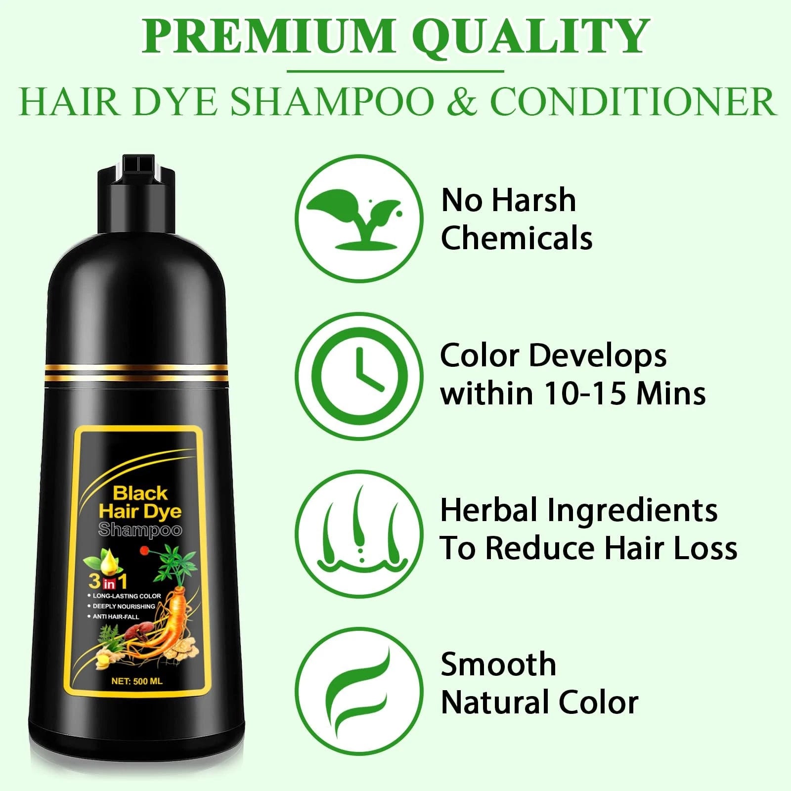 3-in-1 Herbal Black Hair Dye Shampoo - Instant Natural Black in 5 Minutes