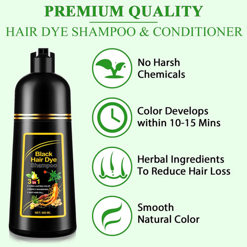 3-in-1 Herbal Black Hair Dye Shampoo - Instant Natural Black in 5 Minutes